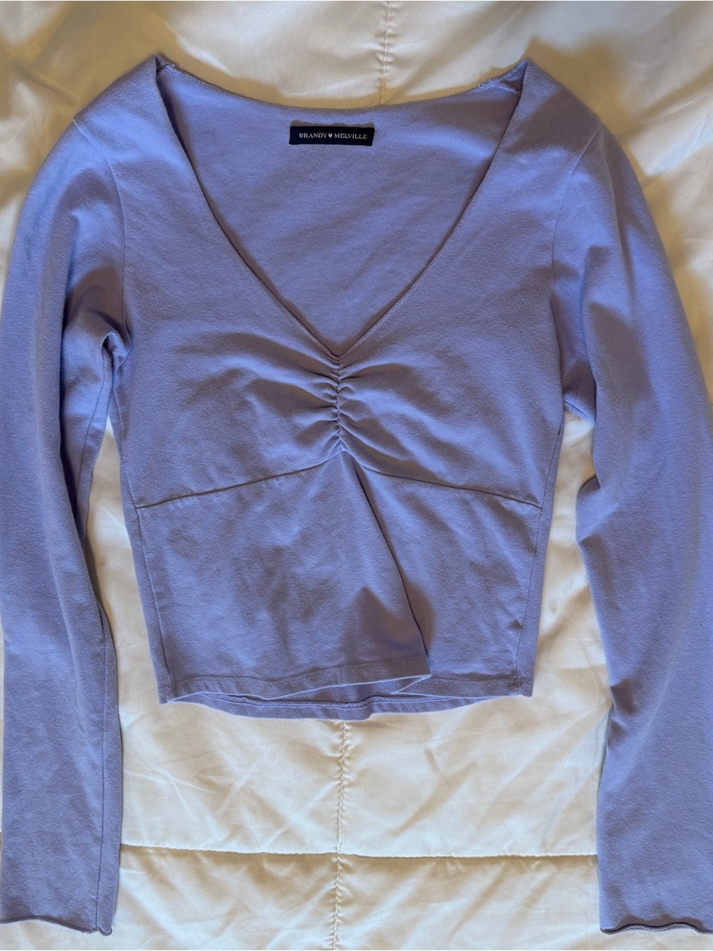 Brandy Melville Lavender Ruched V-Neck Long Sleeve Top